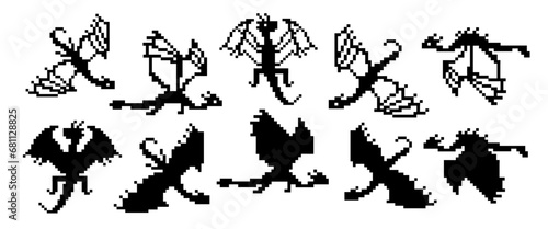 Big set of black and white dragons pixel silhouettes and outline design elements. Pixel art style design for new year 2024 package, home textile, embroidery, clipart, sticker, poster, t-shirts print.