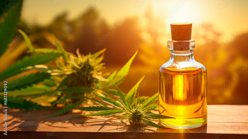 Hemp essential oil in a bottle. Generative AI, Hemp essential oil in a bottle. Generative AI,