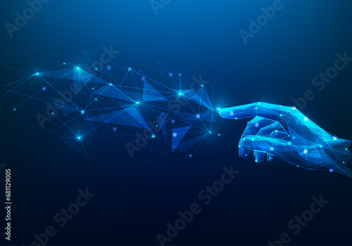 hand touching line dot technology network global connection blue background. business technology internet artificial intelligence. big data innovation. vector illustration digital low poly fantastic. photo