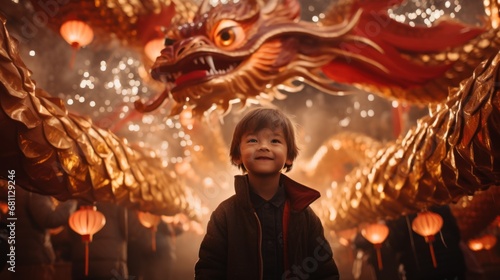 A child next to the head of a red dragon against the background of a Chinese