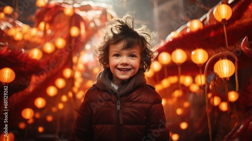 A child next to the head of a red dragon against the background of a Chinese