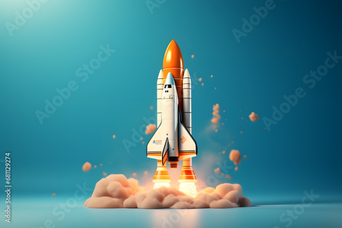 Digital illustration of rocket on background. Spaceship flight