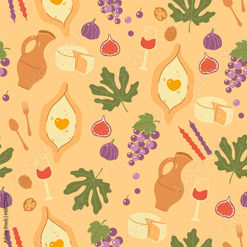 Seamless pattern with Georgian food, wine and fruits. Vector graphics.