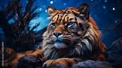 A Liger, with a starry night sky as the background, during a clear midnight