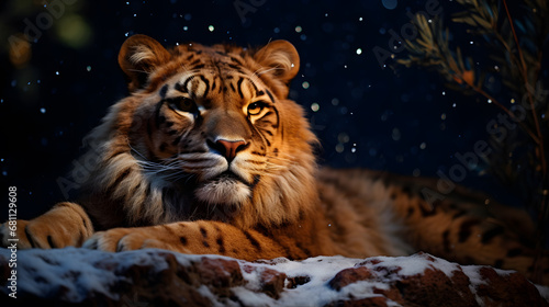 A Liger  with a starry night sky as the background  during a clear midnight