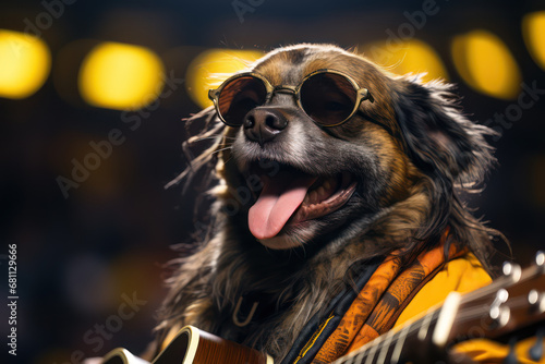 A Dog with sunglasses playing guitar on the stage of the concert hall. Talented dog, professional musician performing, music, hobby, festival, modern art collage. Rock Star, rock'n roll photo