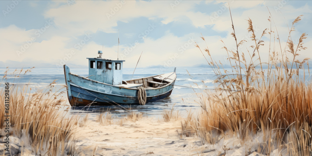 Boot liegt am Strand - obrazy, fototapety, plakaty 