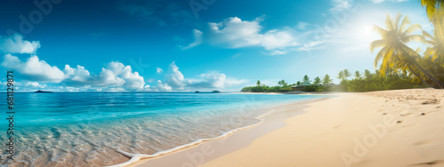 Beach palms and sea beautiful banner. Generative AI,