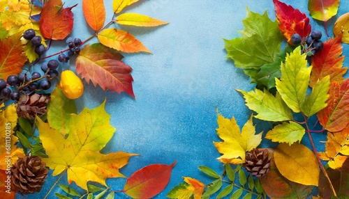 autumn background with colored leaves on blue background generative ai