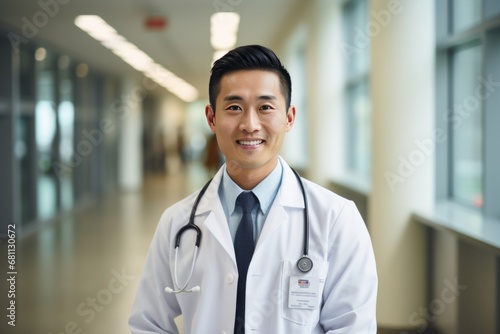 Portrait of smiling young male asian doctor in a hospital photo