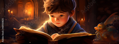 A child reads a book in a dark room. Generative AI,