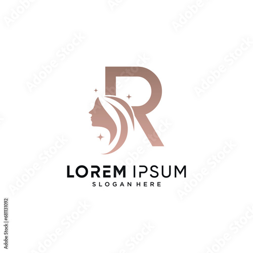 Beauty logo design combined on letter r with woman face icon and creative element