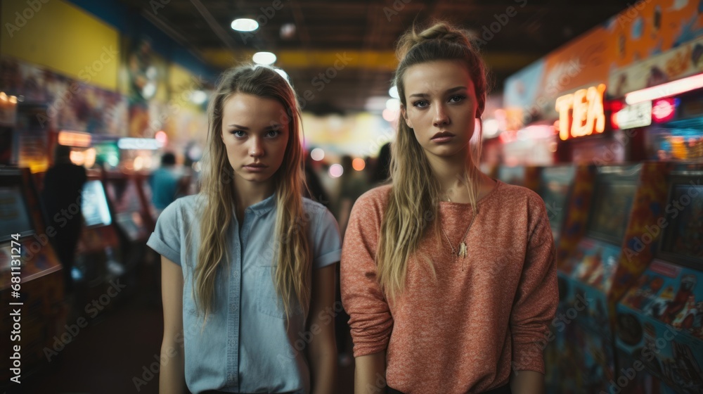 Two teenage girls stand side by side in sadness. Two teenage girls stand side by side in sadness.