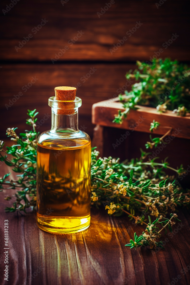 Thyme essential oil in a bottle. Generative AI, Thyme essential oil in a bottle. Generative AI,