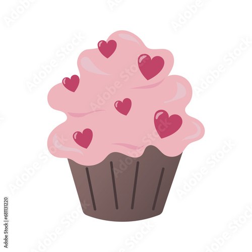 Vector illustration of small cupcake with pink cream icing and decoration of hearts in cartoon style. Vector clipart with muffin and cream. birthday celebration  holidays concept.