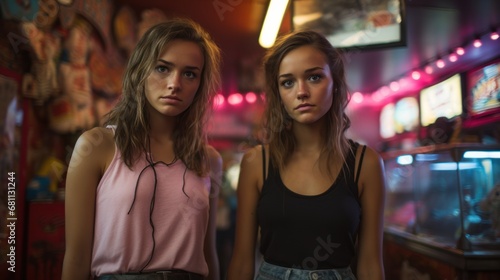 Two teenage girls stand side by side in sadness.