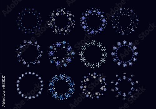 Snowflakes set, round frame. Winter, Christmas pattern, decoration, wreath of ice flakes. A lace ring of delicate snowflakes to decorate a banner, congratulations, greetings. Vector illustration.