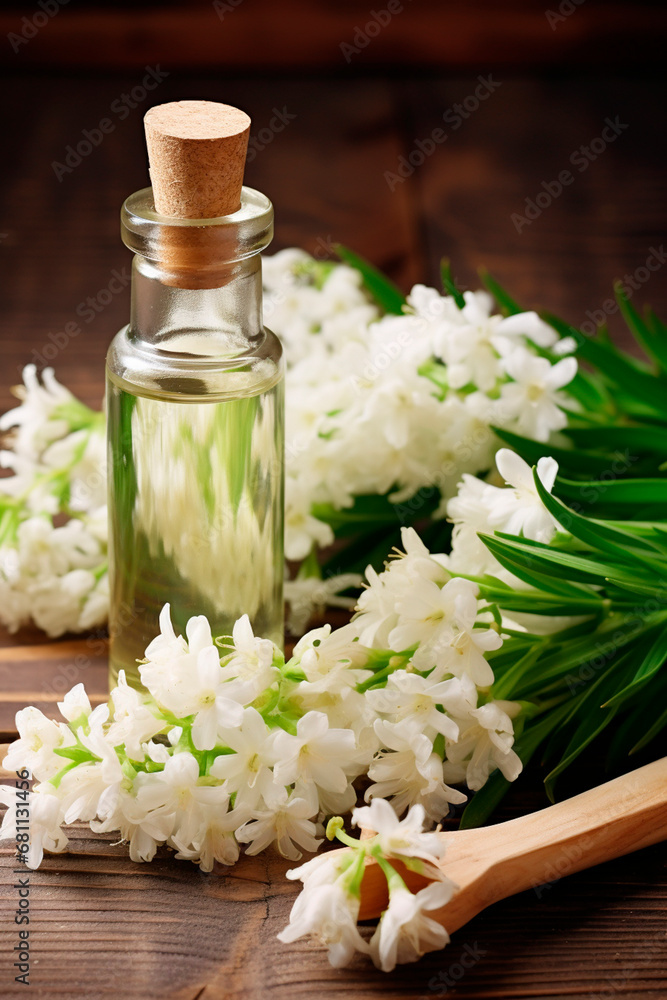 Tuberose essential oil in a bottle. Generative AI, Tuberose essential oil in a bottle. Generative AI,