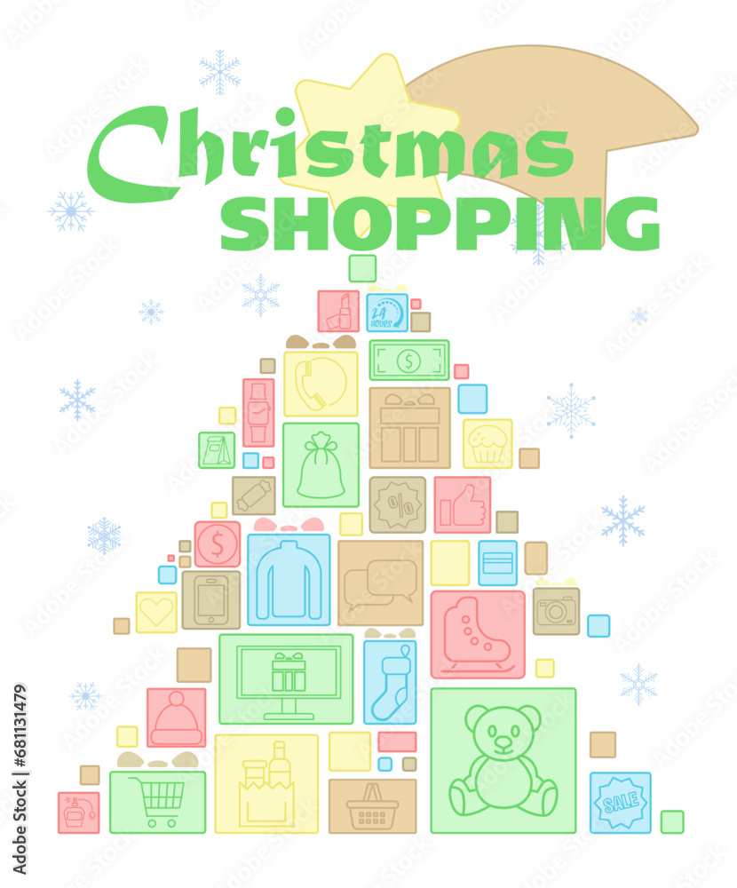 Bright banner for Christmas holidays. Merry Christmas and Happy New Year. Christmas tree background with gift boxes.