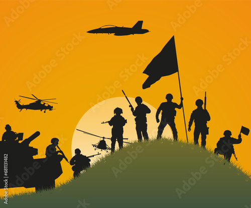 The importance of winning. Silhouettes of soldiers who won the battle against the background of the setting sun.