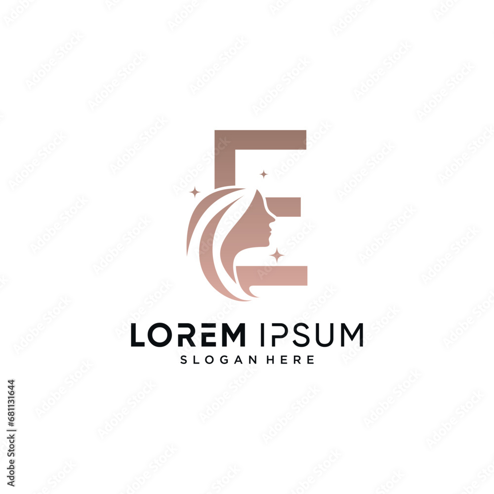 Beauty logo design combined on letter e with woman face icon and creative element