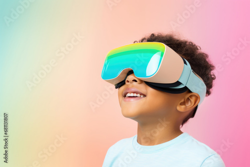 Portrait of a Latino boy wearing modern VR goggles on a rainbow pastel background.