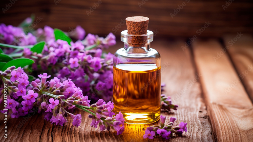 Verbena essential oil in a bottle. Generative AI, Verbena essential oil in a bottle. Generative AI,