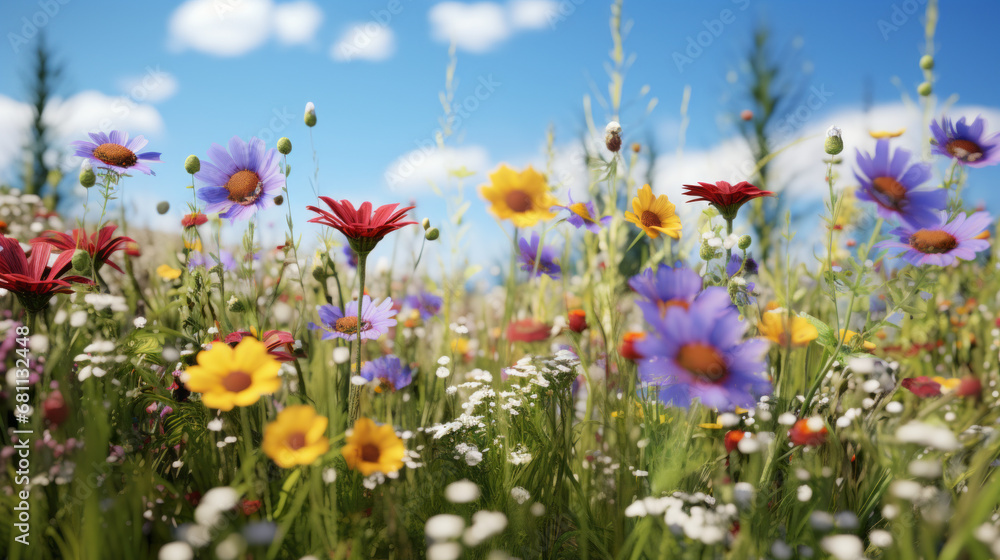 a field of wildflowers with a range of colors