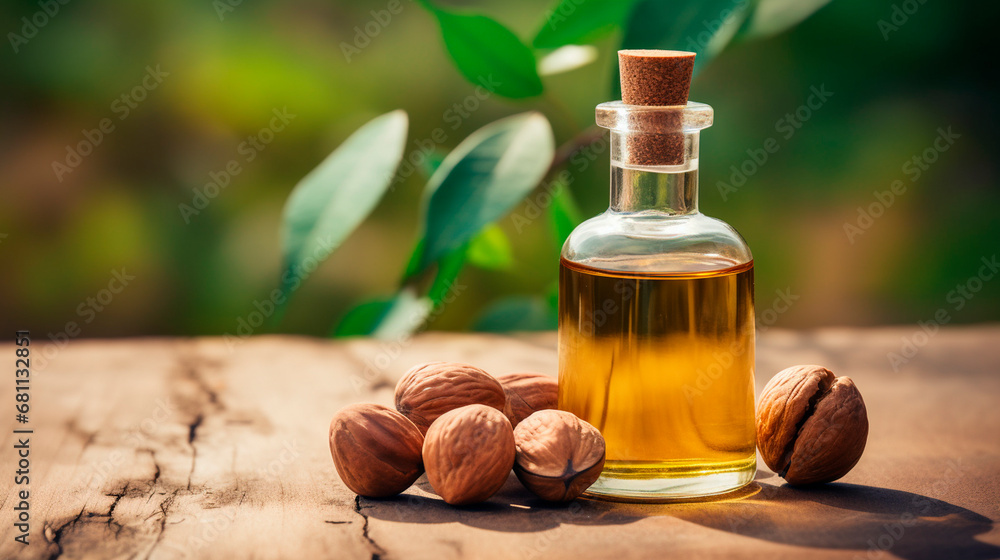 Walnut essential oil in a bottle. Generative AI, Walnut essential oil in a bottle. Generative AI,