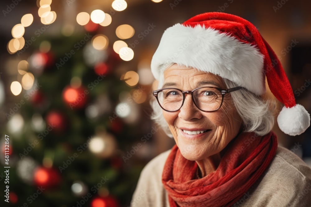 an elderly beautiful gray-haired woman in a red Santa hat on an elderly beautiful gray-haired woman in a red Santa hat on