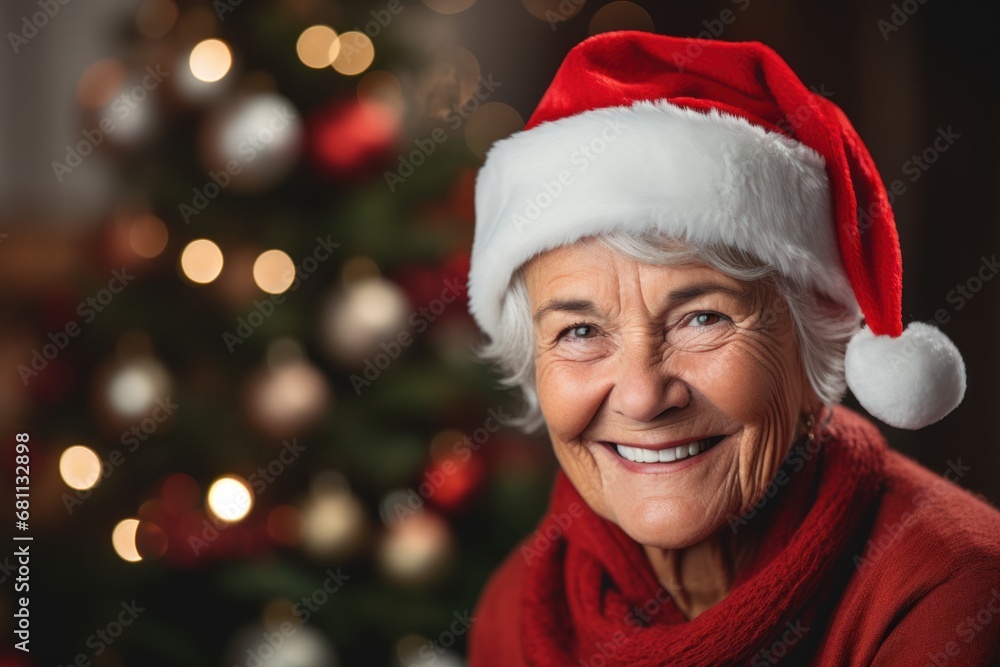 an elderly beautiful gray-haired woman in a red Santa hat on an elderly beautiful gray-haired woman in a red Santa hat on