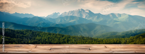 Wooden table background with mountains and wildlife landscape. Generative AI 