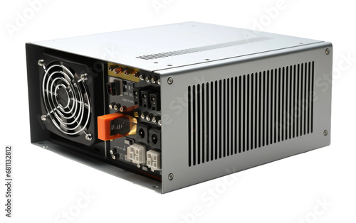 The Realistic Image of the Power Supply Unit (PSU), Where Digital Devices Find their Power Source on a Clear Surface or PNG Transparent Background. photo