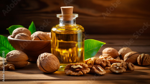 Walnut essential oil in a bottle. Generative AI,