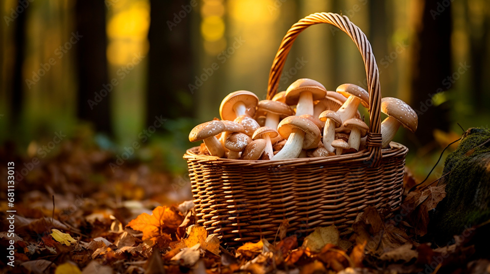 Basket with mushrooms in the forest. Generative AI,