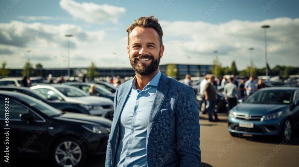 Portrait, smile and a man arms crossed at a dealership for car sale in a commercial parking lot.