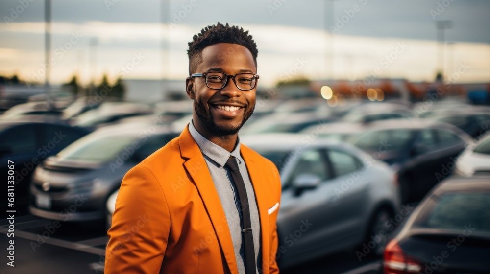 Portrait, smile and a man arms crossed at a dealership for car sale in a commercial parking lot.