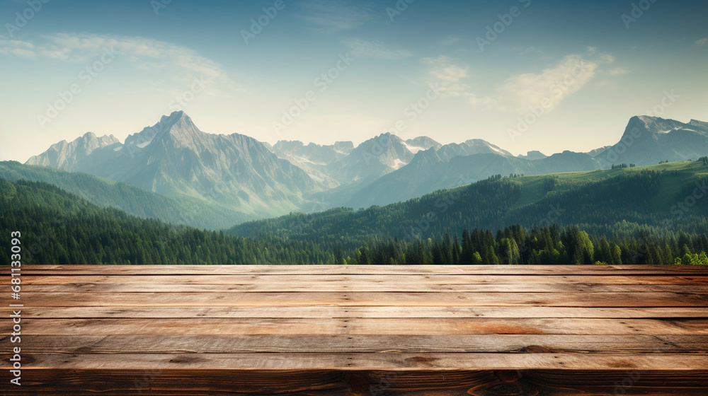 Wooden table background with mountains and wildlife landscape. Generative AI,