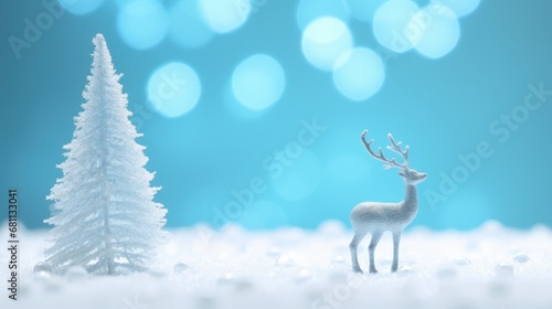 Blue Christmas background with white fir tree in snow and New Year s deer. festive minimal design background with christmas tree