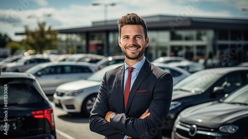 Portrait, smile and a man arms crossed at a dealership for car sale in a commercial parking lot. © sirisakboakaew