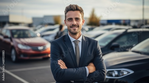Portrait, smile and a man arms crossed at a dealership for car sale in a commercial parking lot. photo