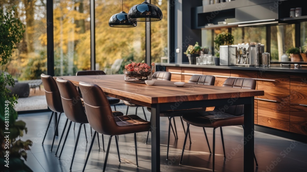 Wooden dining table and chairs in modern kitchen interior. Wooden dining table and chairs in modern kitchen interior.