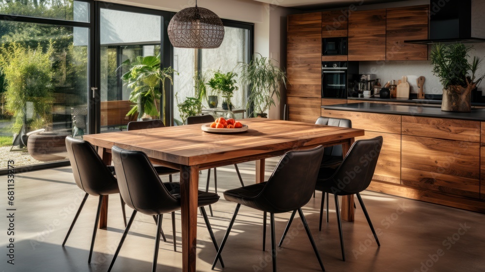 Wooden dining table and chairs in modern kitchen interior.