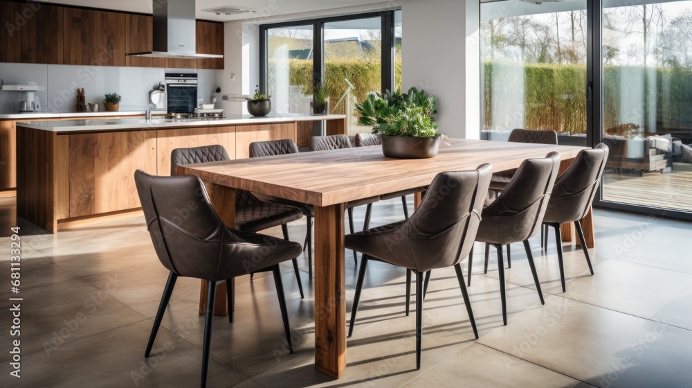 Wooden dining table and chairs in modern kitchen interior. Wooden dining table and chairs in modern kitchen interior.