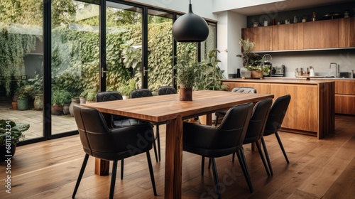 Wooden dining table and chairs in modern kitchen interior. © sirisakboakaew
