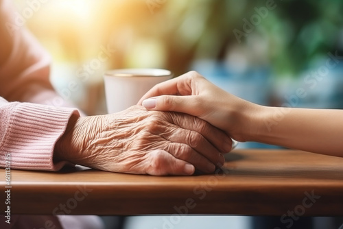 Taking care of the elderly. Hand of young woman holding the hand of old woman with tenderness photo