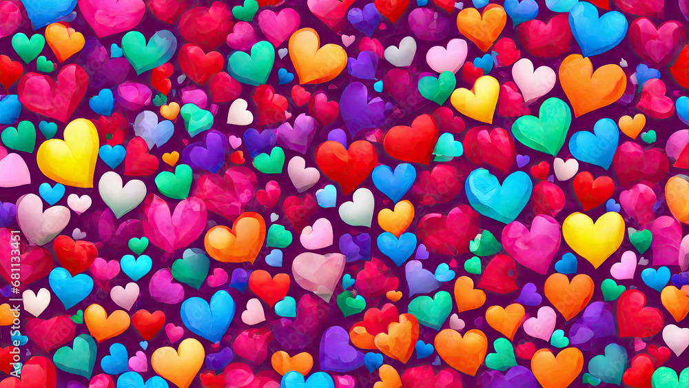 Valentine's day multicoloured background, many hearts of different shapes