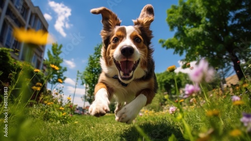 Playful Dog Chasing Tail in Vibrant City Park on a Sunny Summer Afternoon