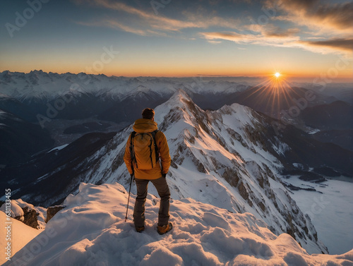Back view of an anonymous mountaineer standing on the snow while looking at the high peaks landscape at sunset.