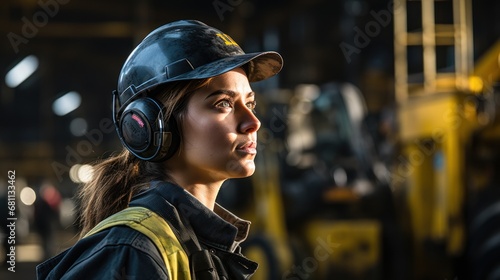 Young woman working on heavy machinery as an industrial crane operator.